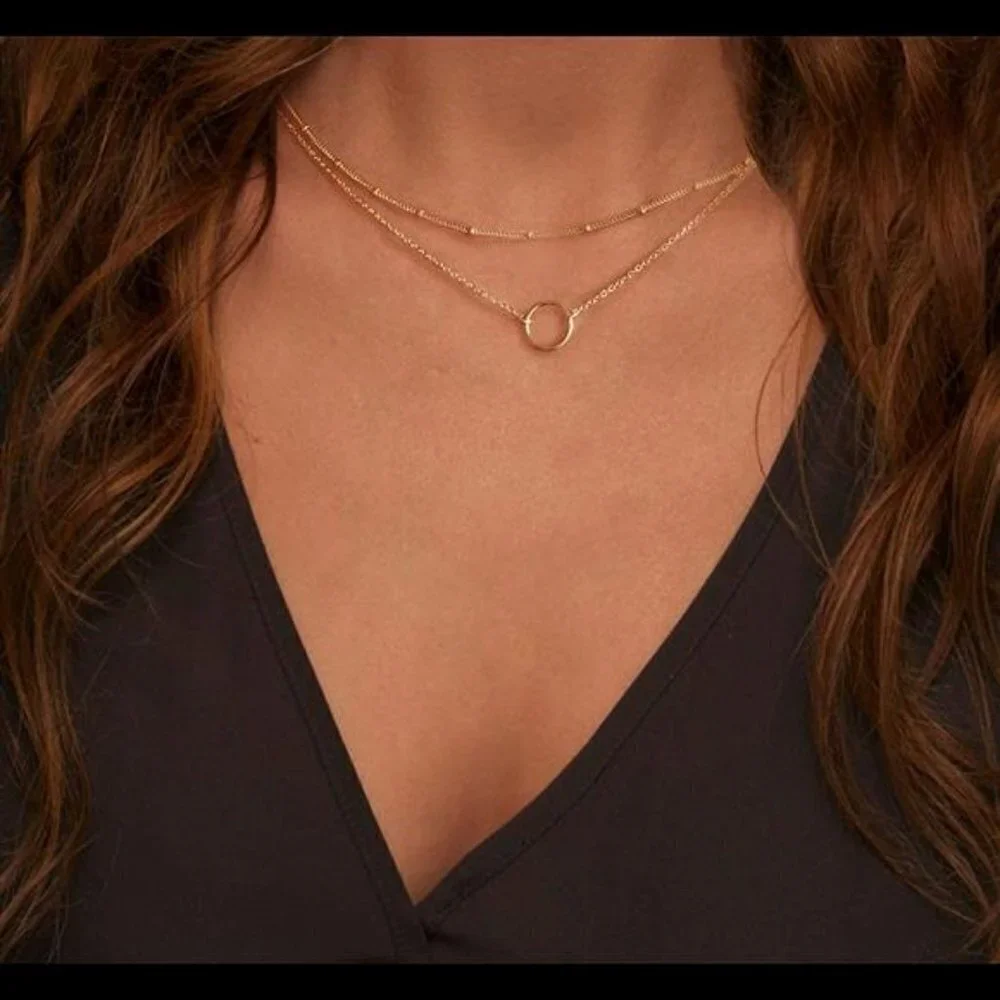 18K Gold Plated Handmade‎ Karma Circle Layered Pendant Necklace